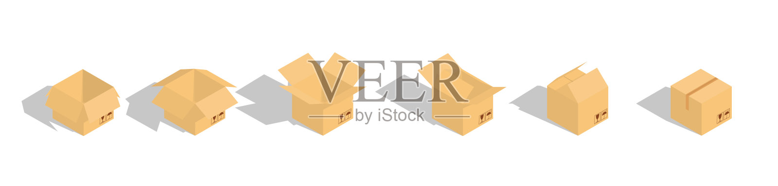 一套封闭和开放的硬纸板箱等距在白色背景上易碎的标志。交通、运输。纸板盒模型。矢量插图。插画图片素材