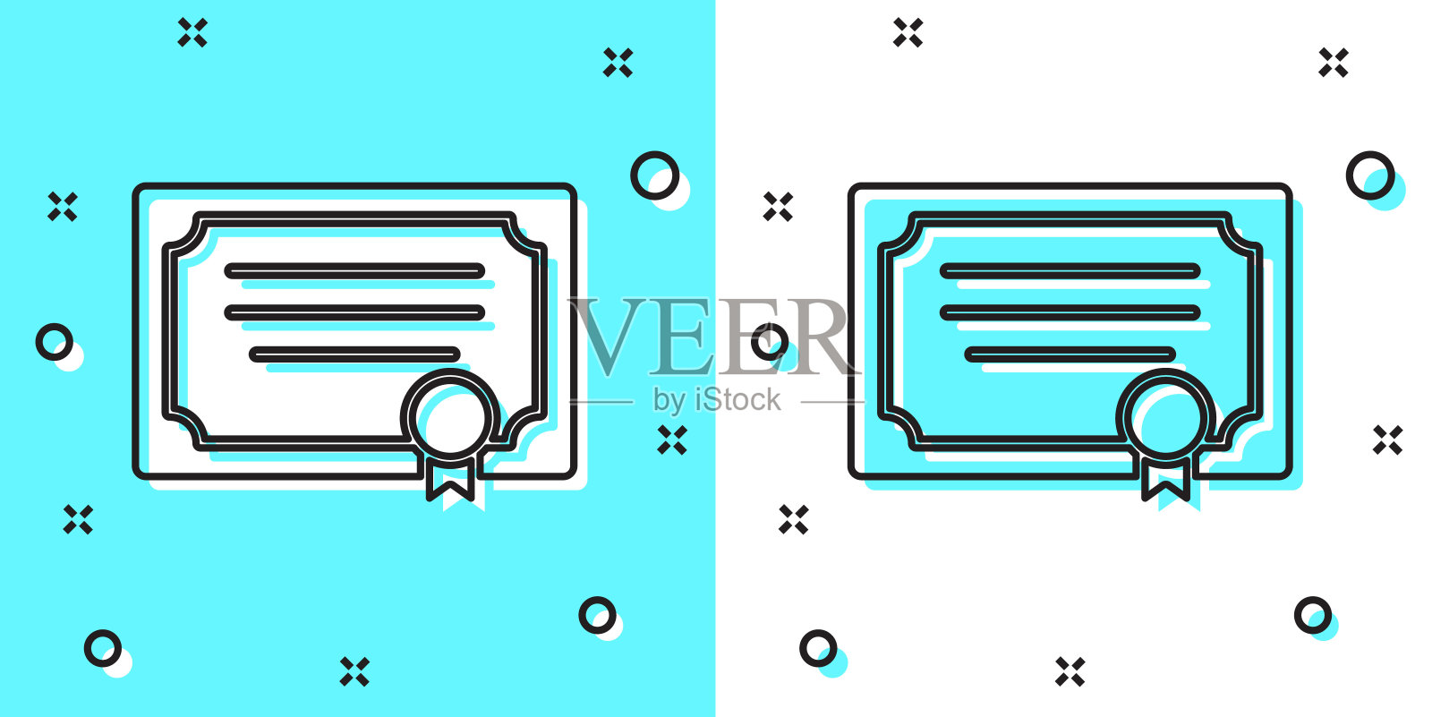 黑线证书模板图标隔离在绿色和白色背景上。成就，奖励，学位，授予，文凭的概念。随机动态形状。向量插画图片素材