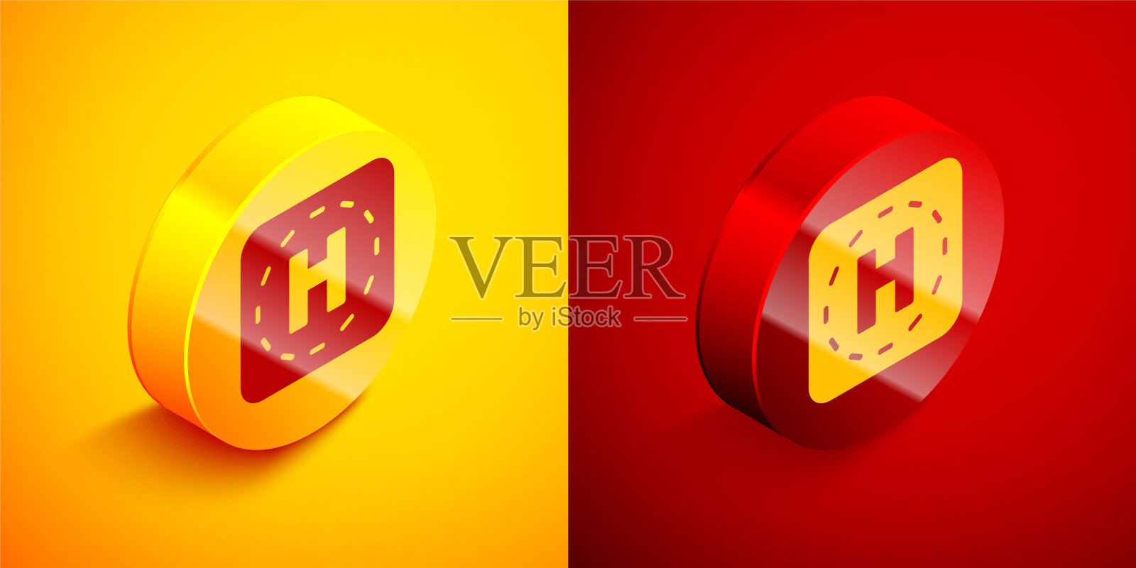 等距直升机停机坪图标隔离在橙色和红色的背景。直升机停机坪，区域，平台，H字母。圆按钮。向量插画图片素材