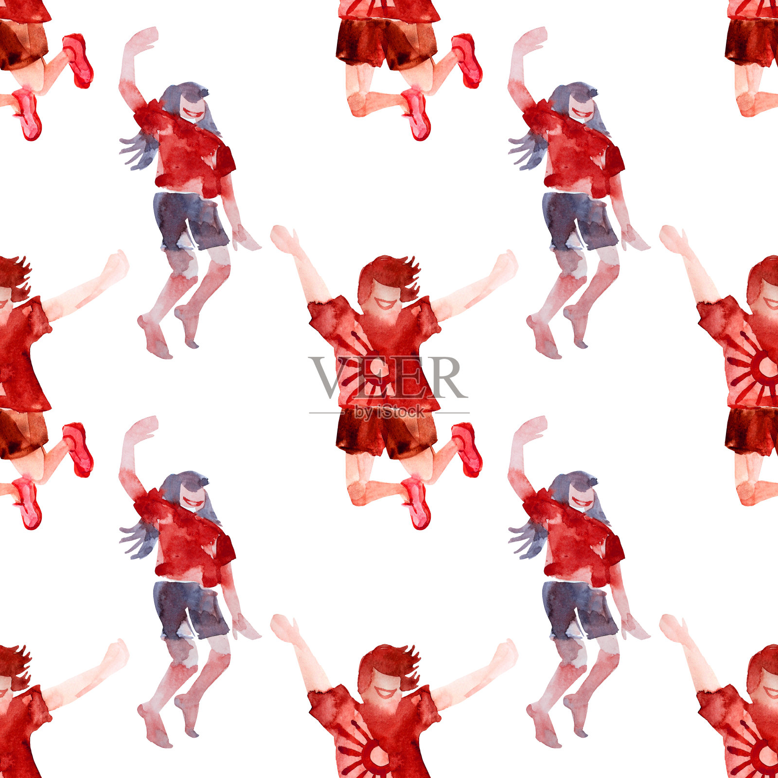 无缝模式水彩跳舞者跳孤立的白色背景。手绘的人的艺术创作对象，贴纸，广告，小册子插画图片素材