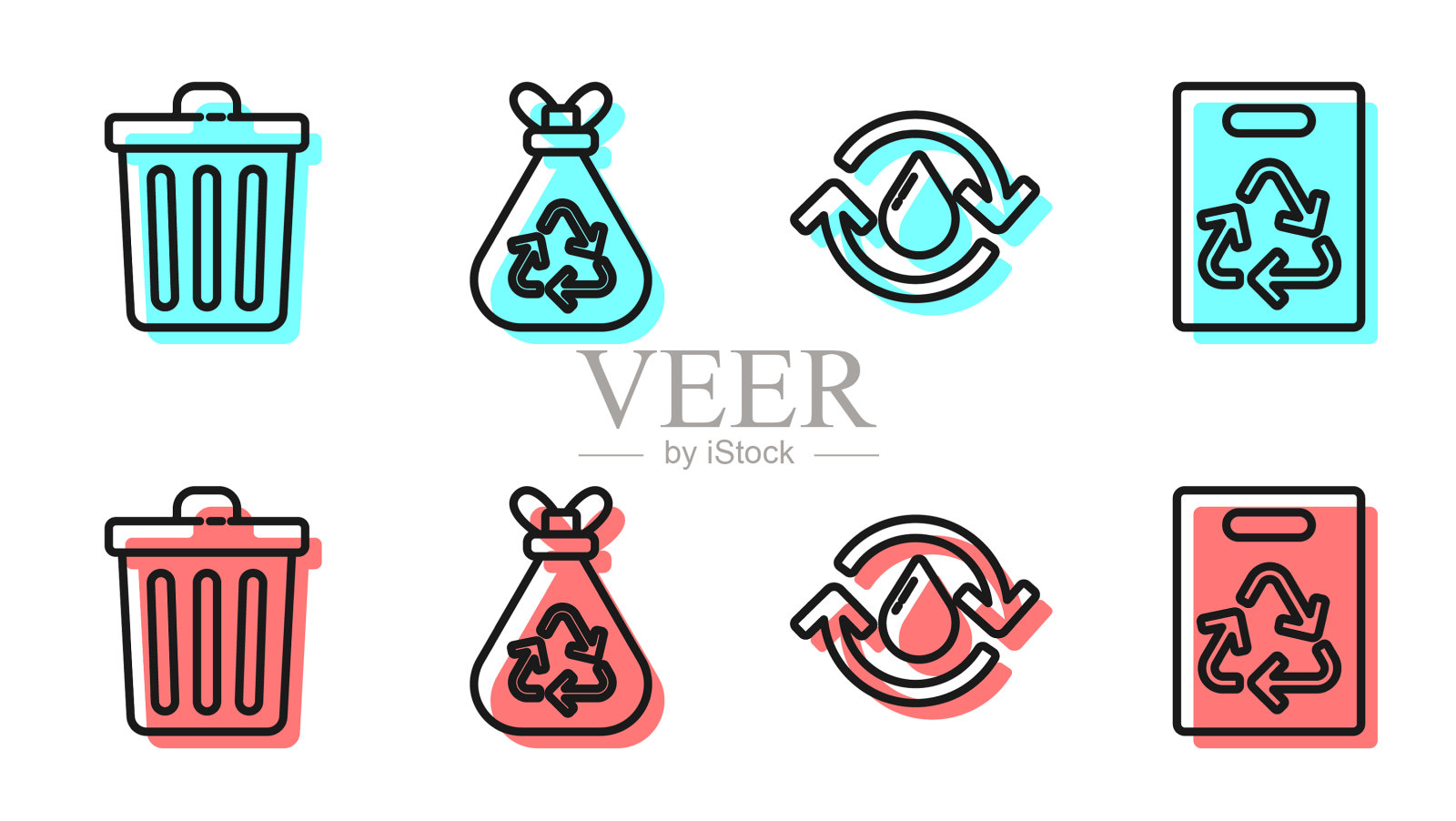 设有可回收清洁水垃圾桶垃圾的生产线图标素材