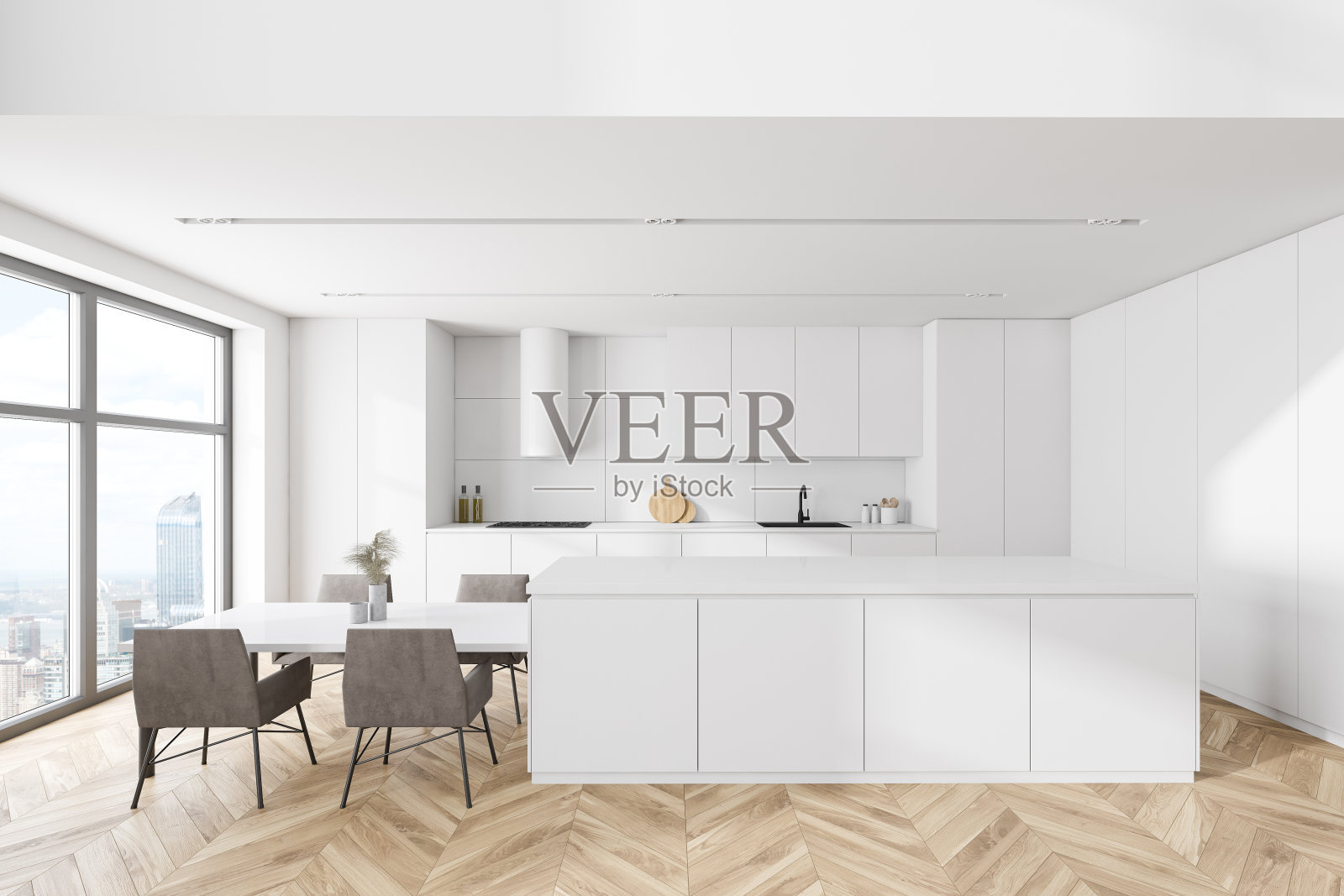 白色厨房内部带酒吧照片摄影图片