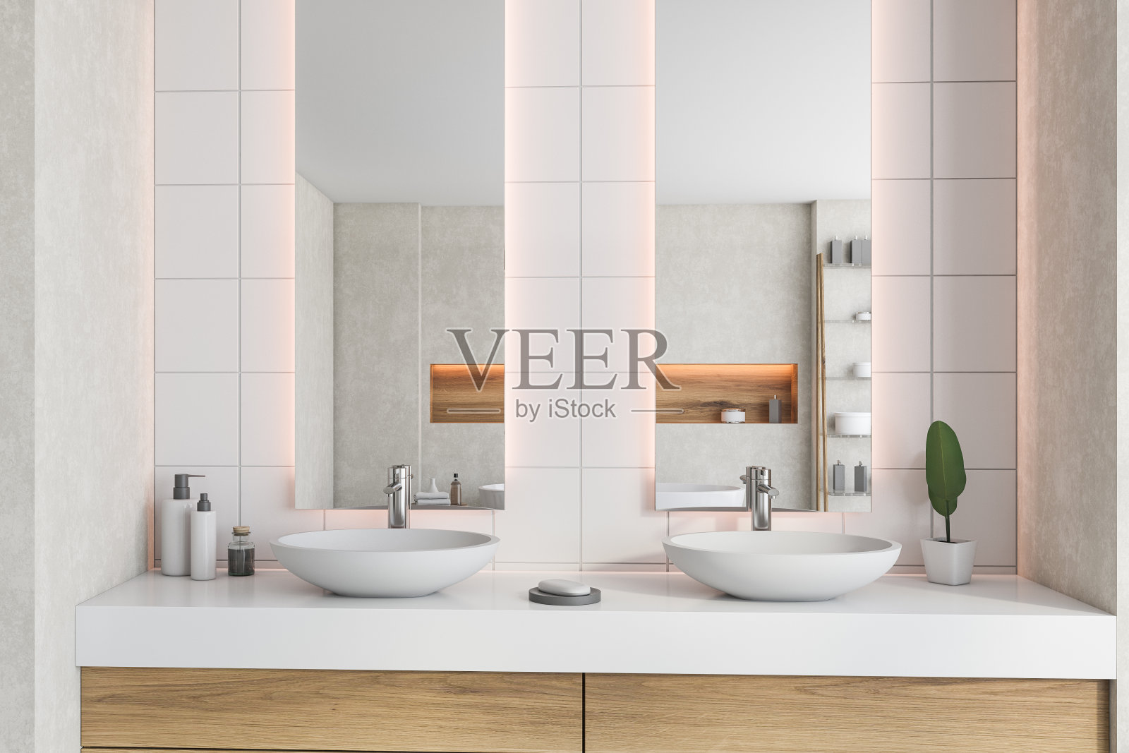 白色浴室里的双水槽和镜子照片摄影图片