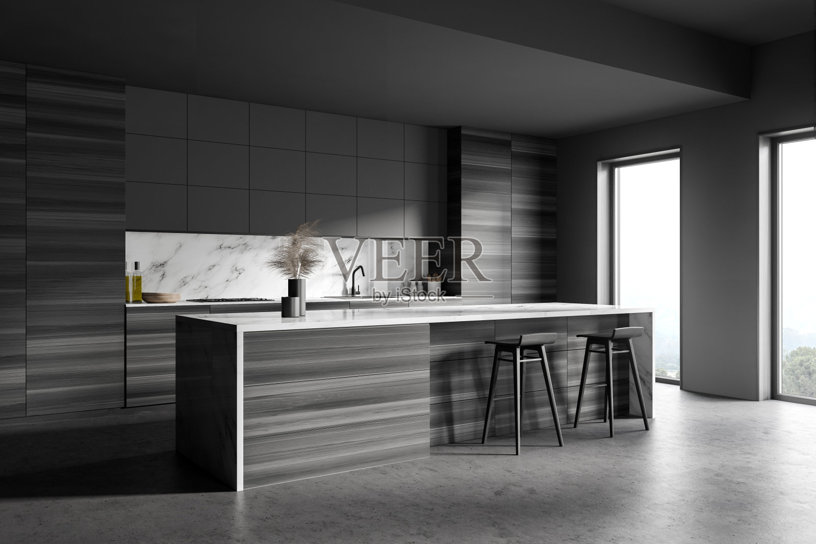 灰色和木制厨房角落与酒吧照片摄影图片