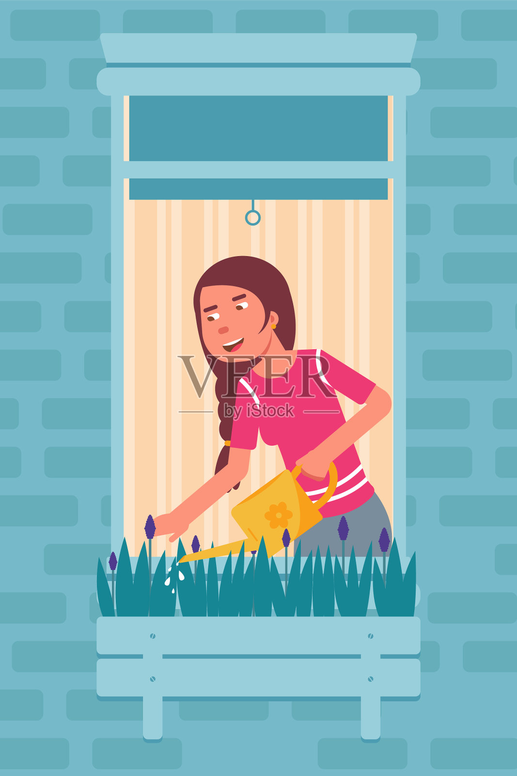 窗屋和浇花的年轻女子插画图片素材