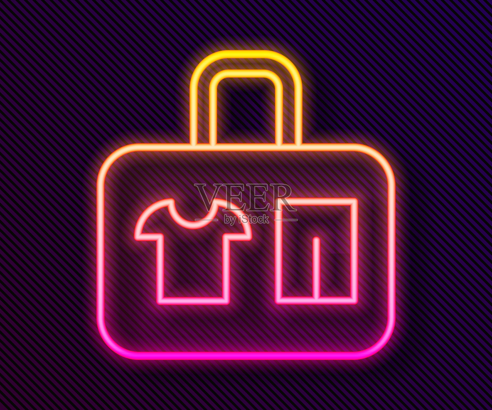 发光的霓虹灯线旅行箱旅行图标孤立在黑色背景。旅行的行李的迹象。旅行的行李图标。向量插画图片素材