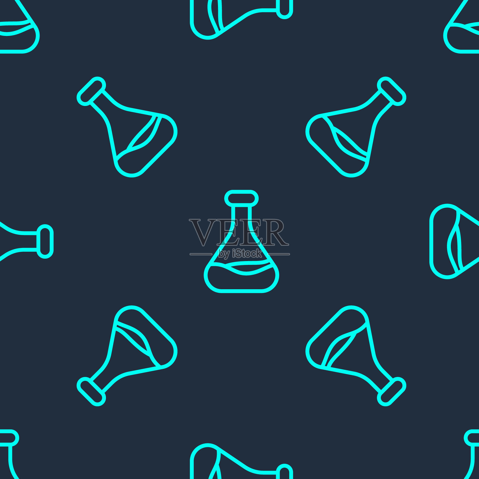 绿线试管和烧瓶图标隔离无缝模式在蓝色背景。化学实验室测试。实验室玻璃器皿。向量插画图片素材