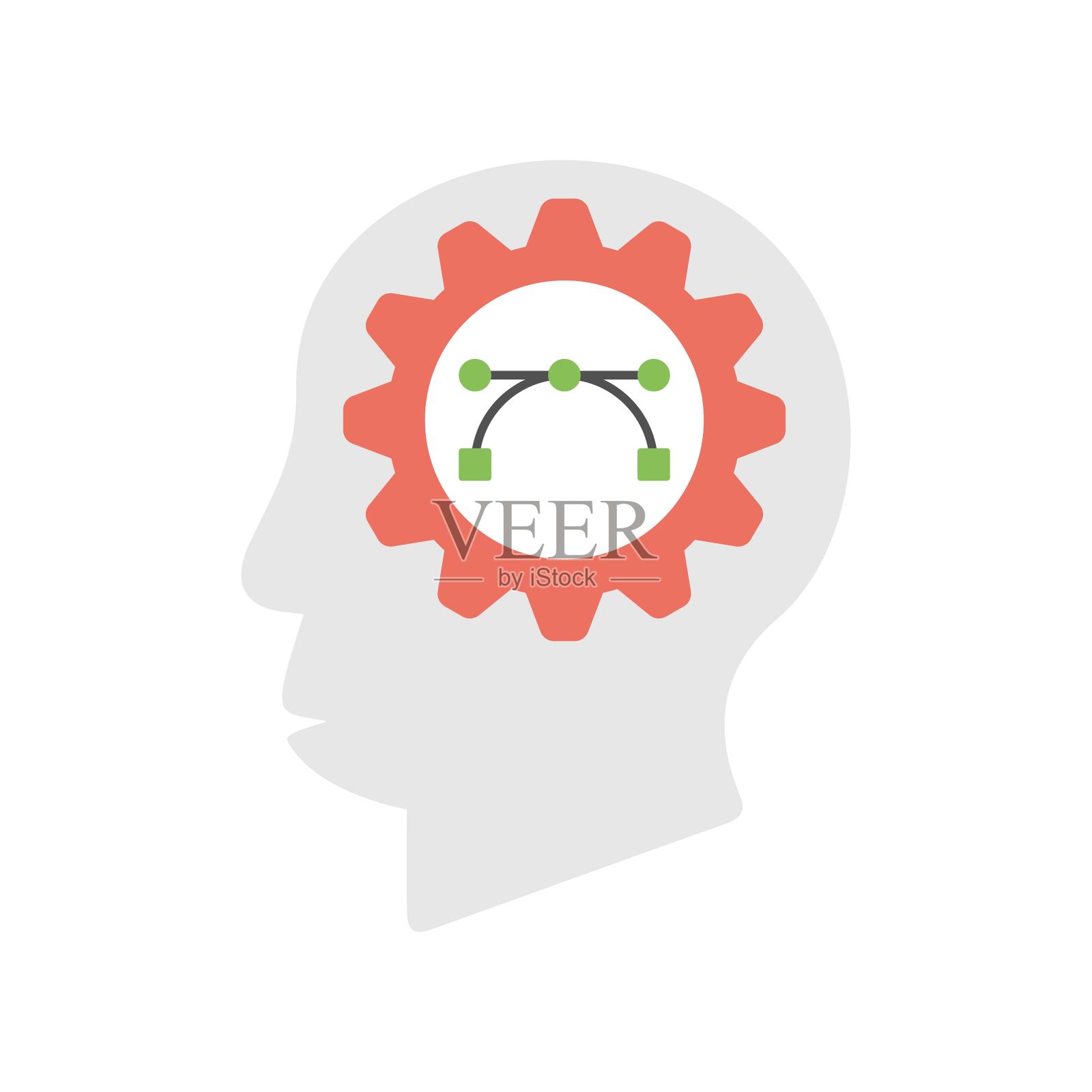 有齿轮和图形的人头。设计思维的象征。平的图标设计。插画图片素材