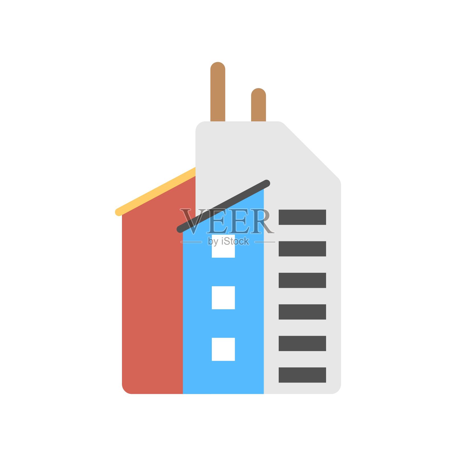 商业建筑图标在平面设计风格。商业大厦，商场标志。住宅小区建筑标志。图标素材