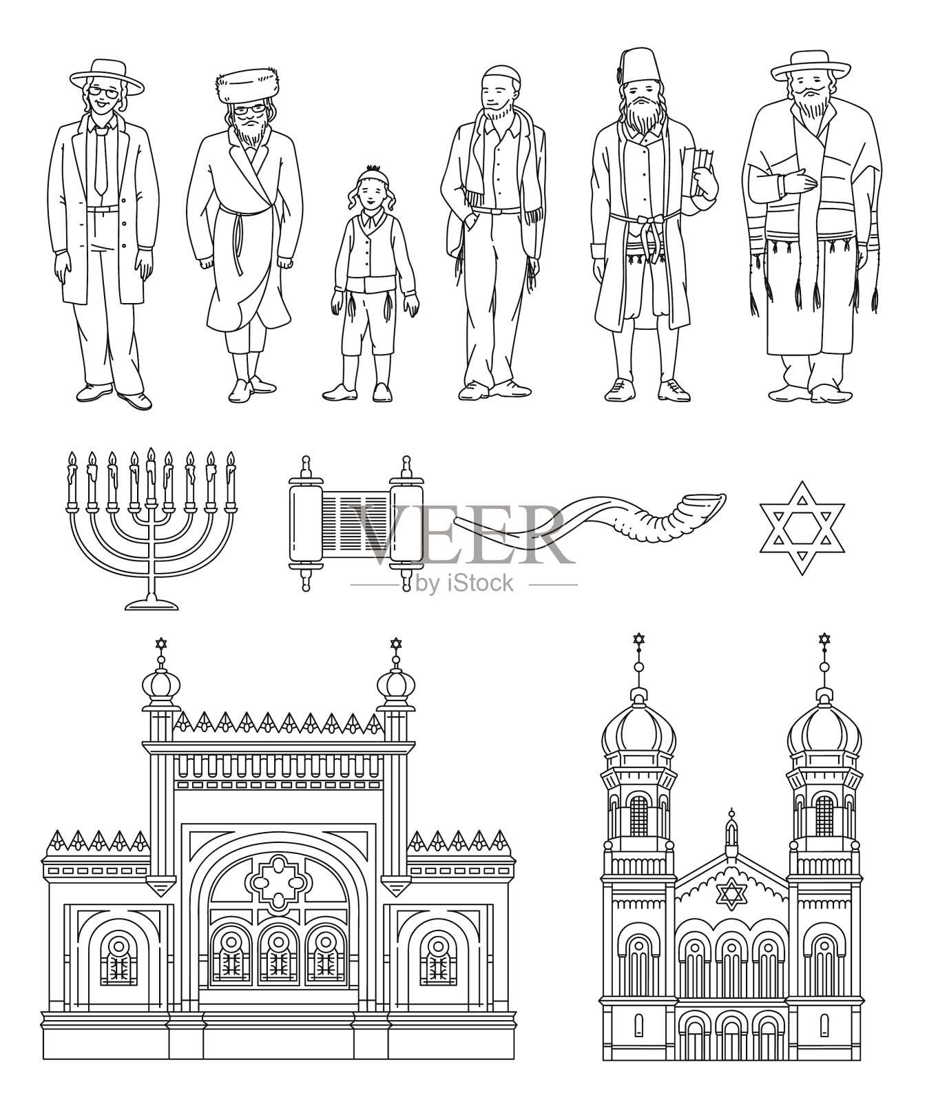 犹太文化和宗教符号设黑线图标素材
