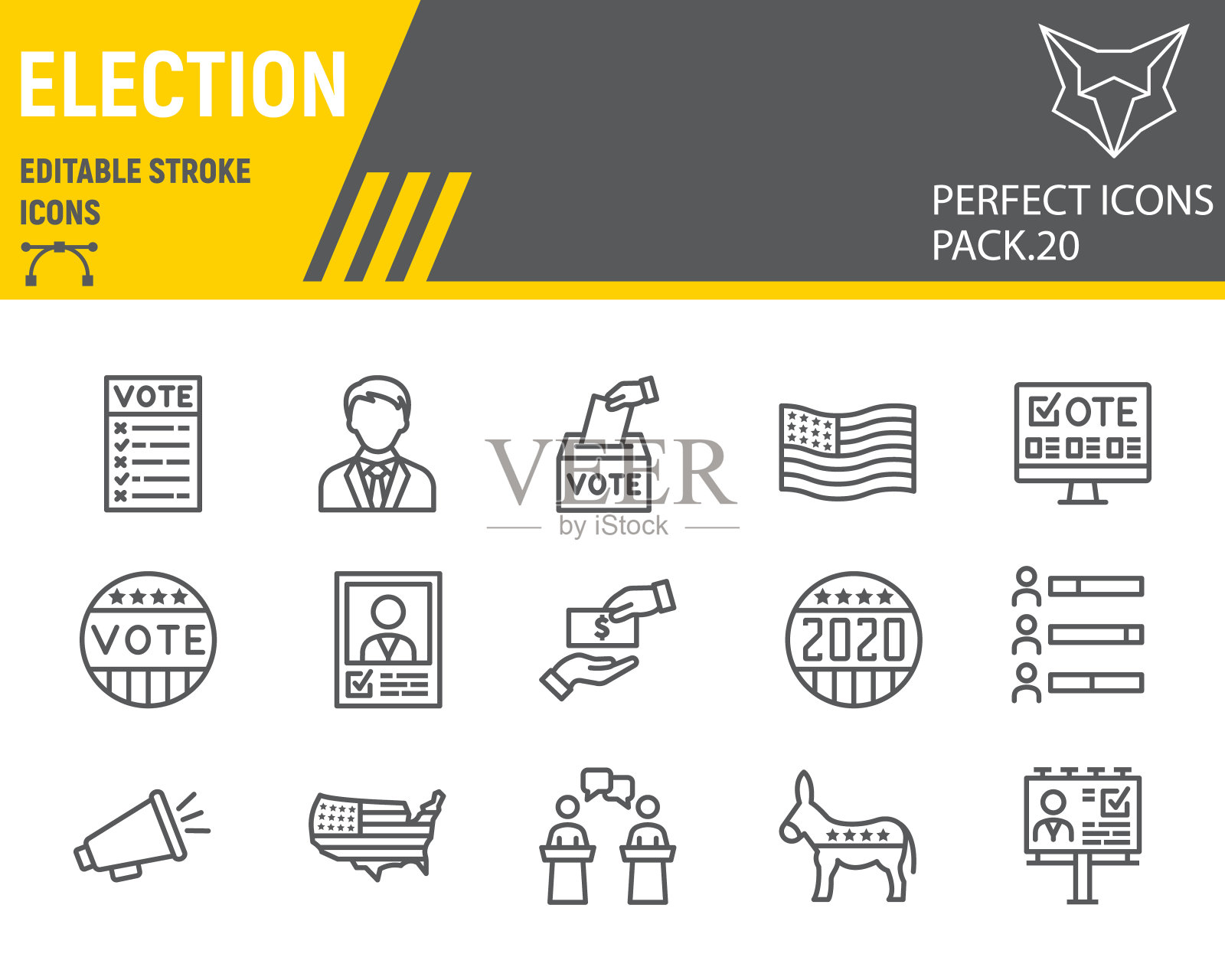 投票和选举线图标集，投票收集，矢量草图，标志插图，选举图标，投票2020标志线性象形图，可编辑的笔触。设计元素图片