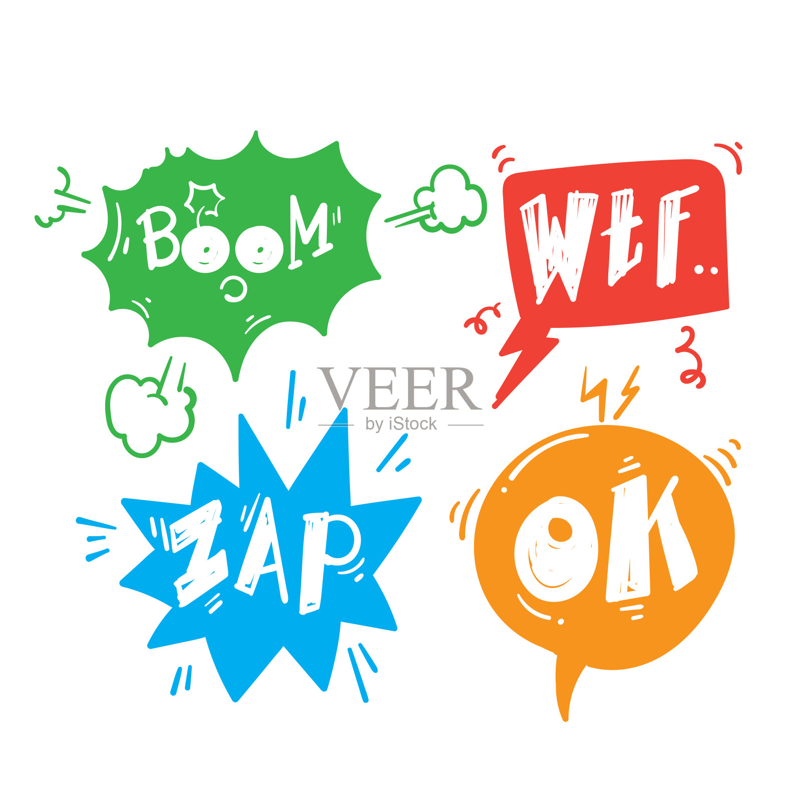 手绘漫画爆发文字气球与涂鸦风格矢量孤立设计元素图片