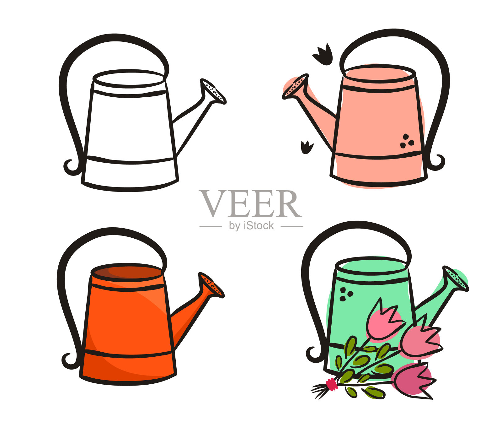 一套手绘可爱的喷壶。花园罐图标插画图片素材