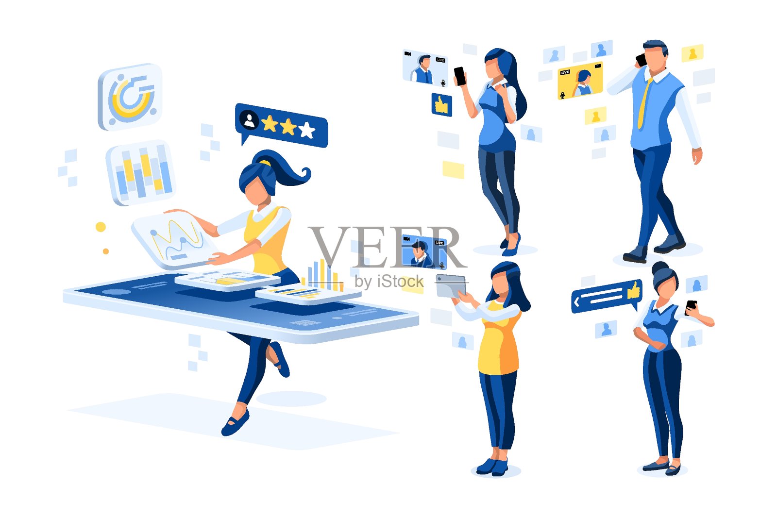 喜欢的照片应用程序，字符在视频聊天。男性用智能手机和女性聊天。社交男孩和女性在智能手机上聊天。手机上喜欢的视频或照片。卡通平面向量插画图片素材