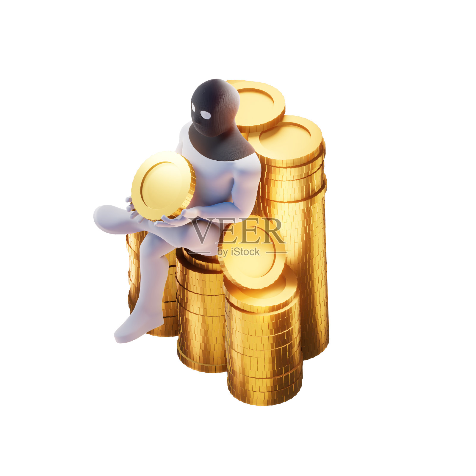 小偷3d渲染与黄金硬币。照片摄影图片