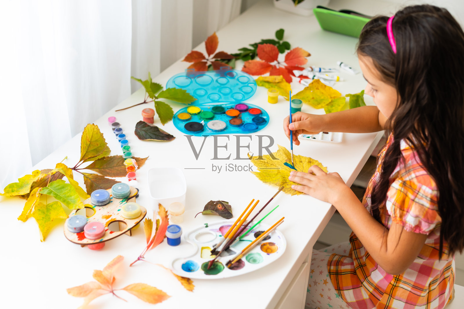 小女孩在家用毛笔画树叶，秋天的艺术。照片摄影图片