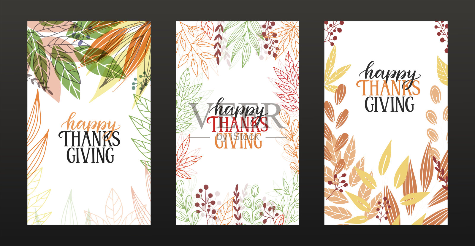 一套三张感恩节贺卡。感恩节快乐手绘字母在五彩缤纷的秋叶背景上。设计模板素材