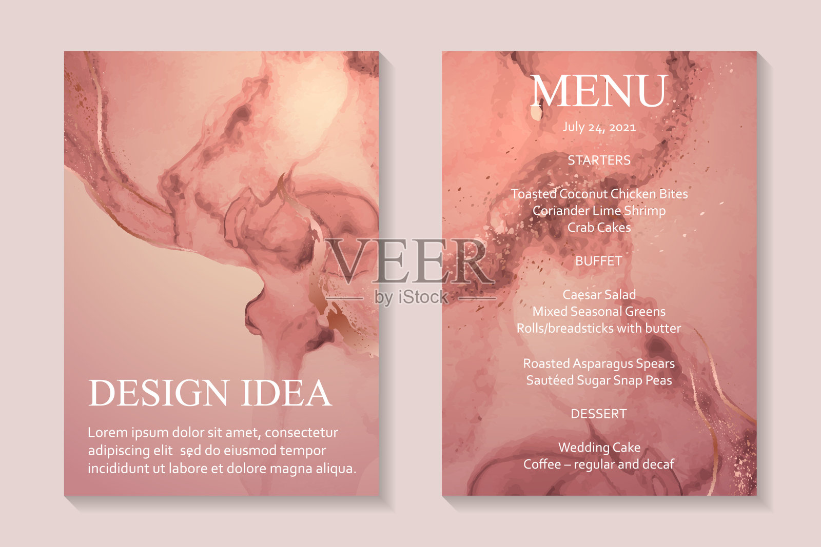 婚礼请柬用桃红色水彩或酒精墨水风格的玫瑰金飞溅。设计模板素材