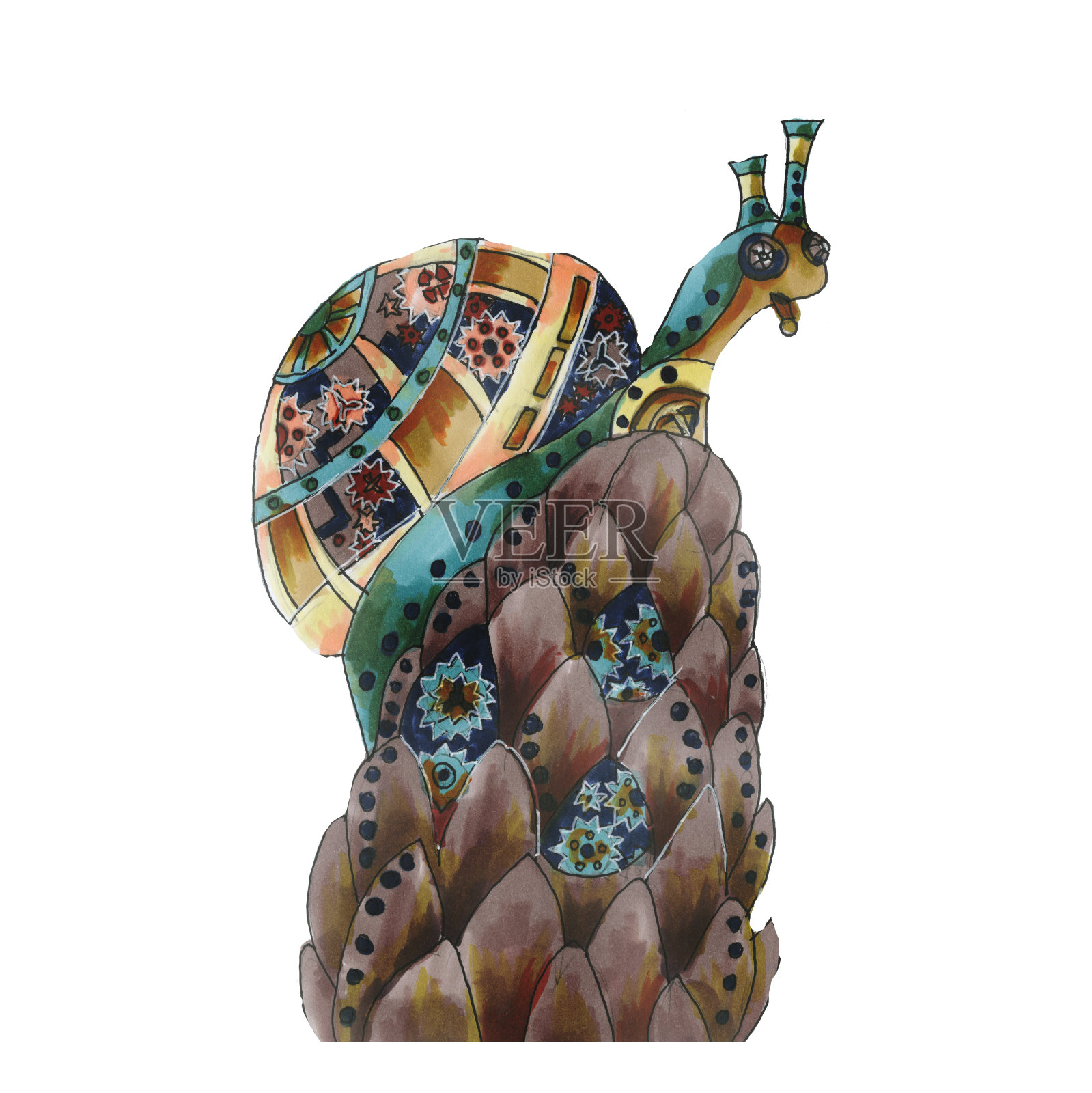 蒸汽朋克蜗牛坐在一个凸起上。一个机械的动物。蒸汽朋克风格的水彩插画。手画。孤立在白色背景上。插画图片素材