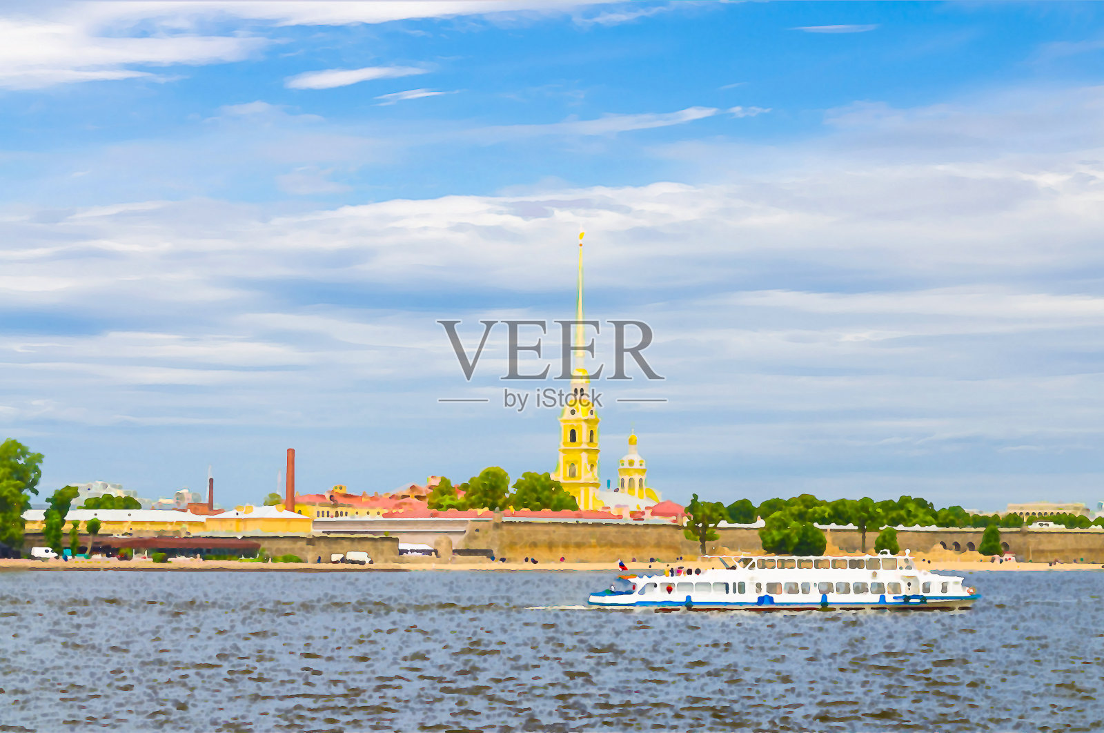 水彩画的彼得和保罗要塞城堡，圣彼得和保罗大教堂东正教教堂，堡垒墙在扎亚奇Hare岛，涅瓦河，圣彼得堡列宁格勒市，俄罗斯照片摄影图片