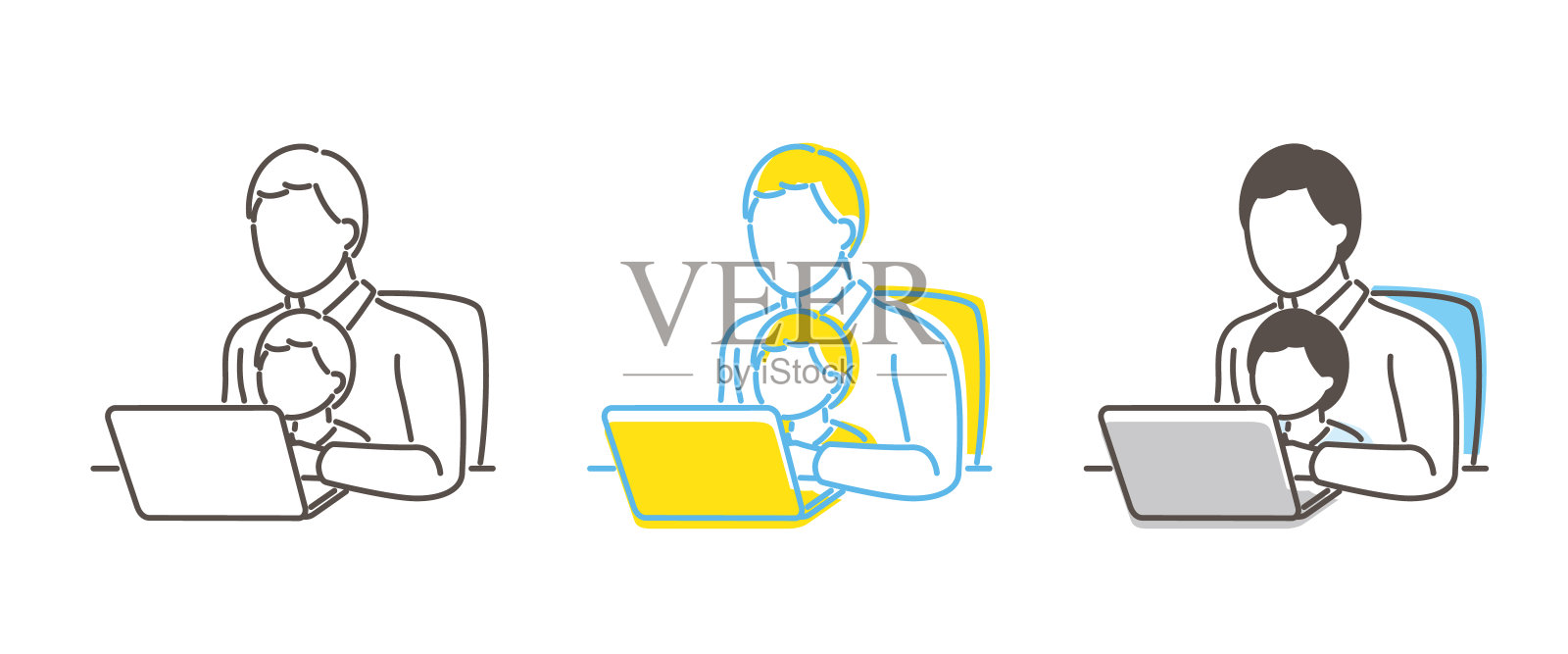 一个男人和一个小孩玩电脑的插图插画图片素材