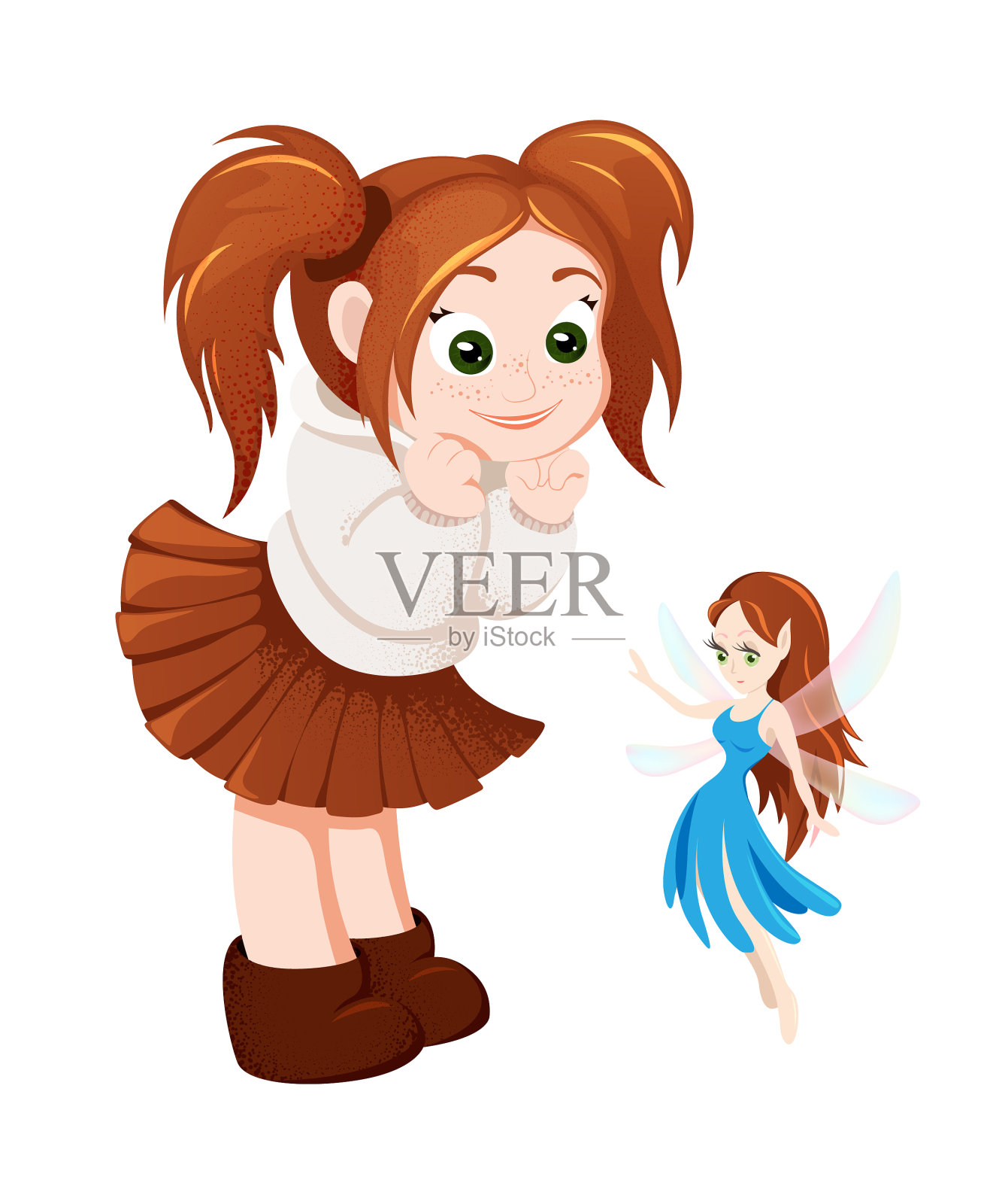 贺卡与可爱的卡通女孩和仙女设计元素图片