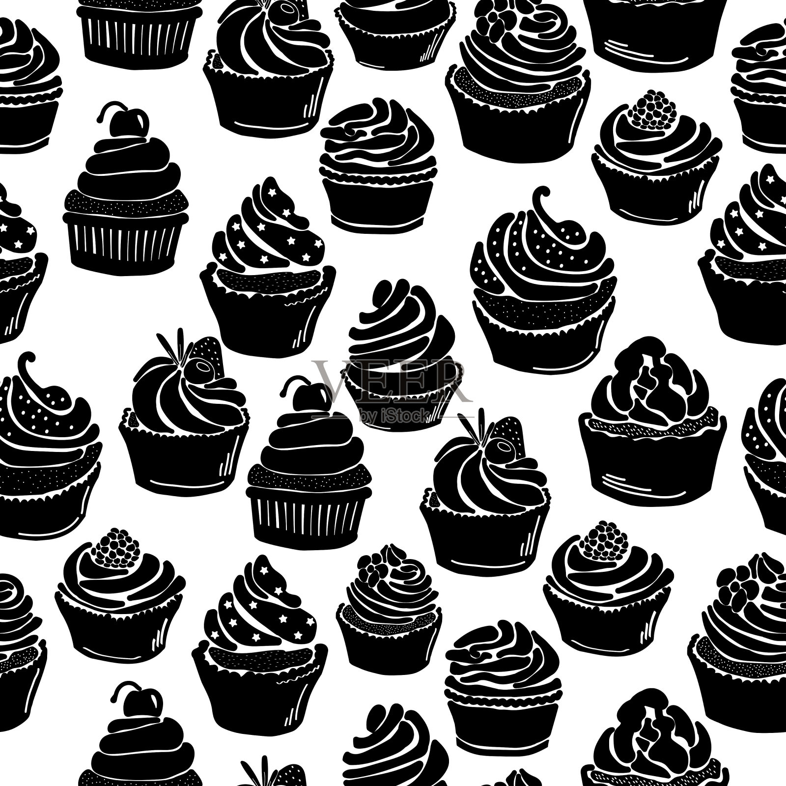 无缝图案与黑色轮廓的纸杯蛋糕与各种馅料和装饰细节上的白色背景，节日甜糕点插画图片素材