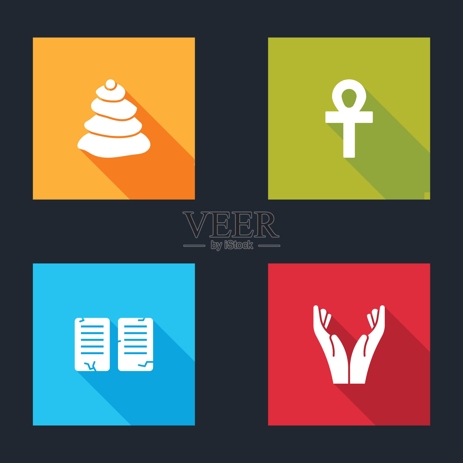 设置堆栈热石头，十字章，诫命和手在祈祷位置图标。向量图标素材