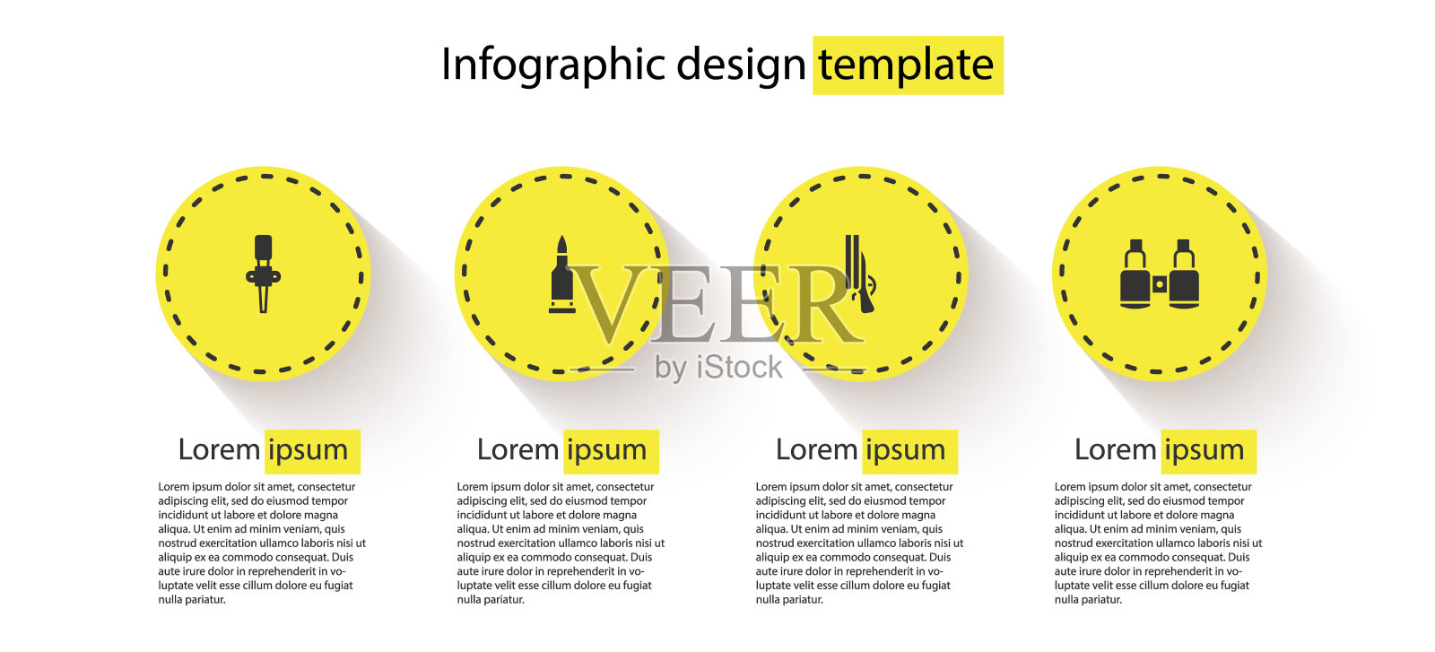 点燃火炬，子弹，猎枪和望远镜。业务信息模板。向量设计模板素材