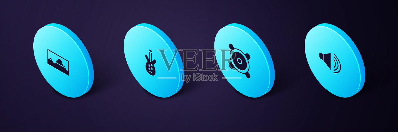 设置等距扬声器音量，立体声扬声器，电子低音吉他和音乐波均衡器图标。向量图标素材