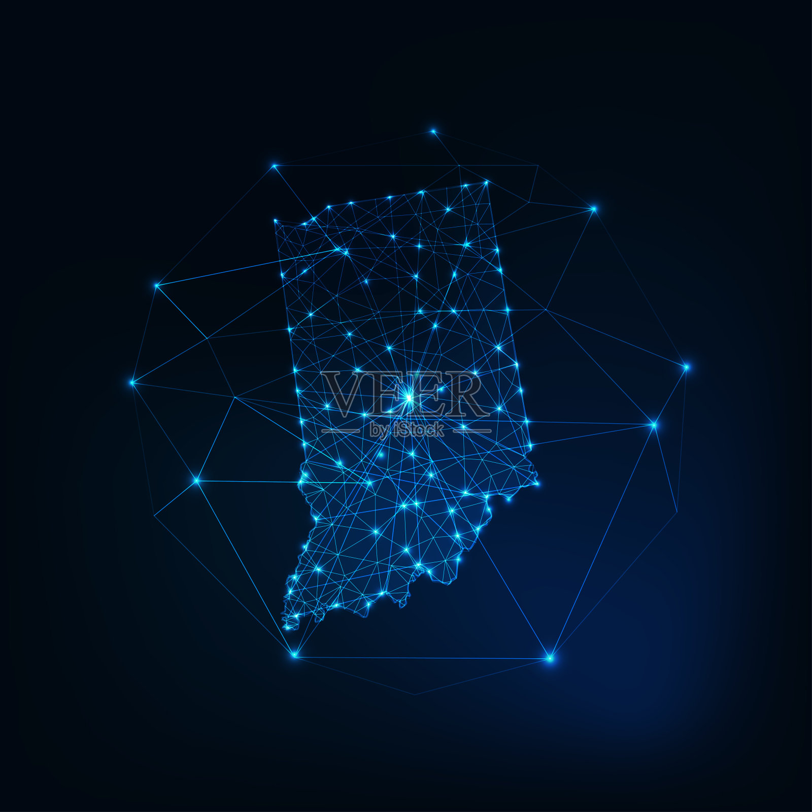 印第安纳州美国地图发光的轮廓由星星线点三角形，低多边形形状。插画图片素材
