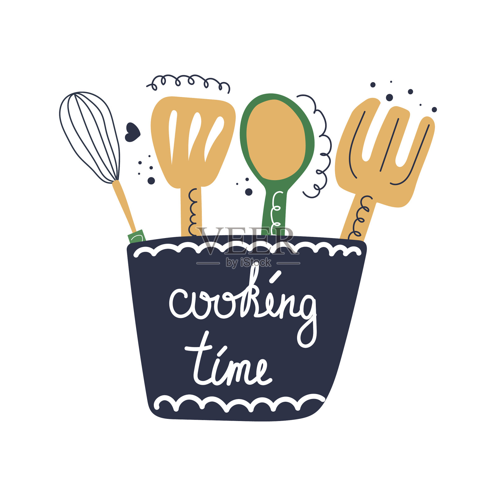 手绘厨房工具在玻璃上用文字标注烹饪时间。烹饪课程，课程，咖啡馆概念。平坦的插图。插画图片素材