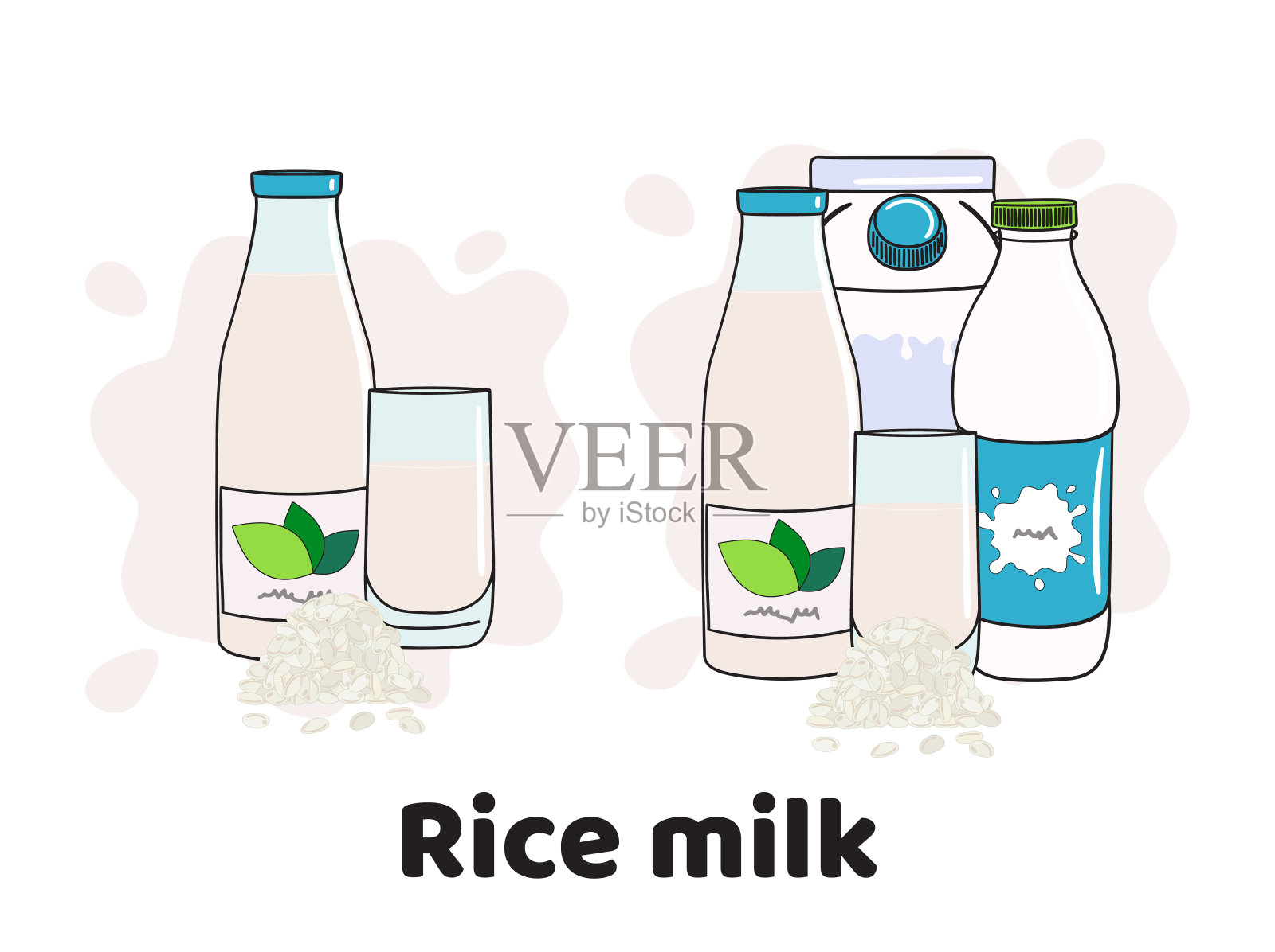 模板与牛奶在玻璃，瓶子和盒子。素食牛奶图标插画图片素材