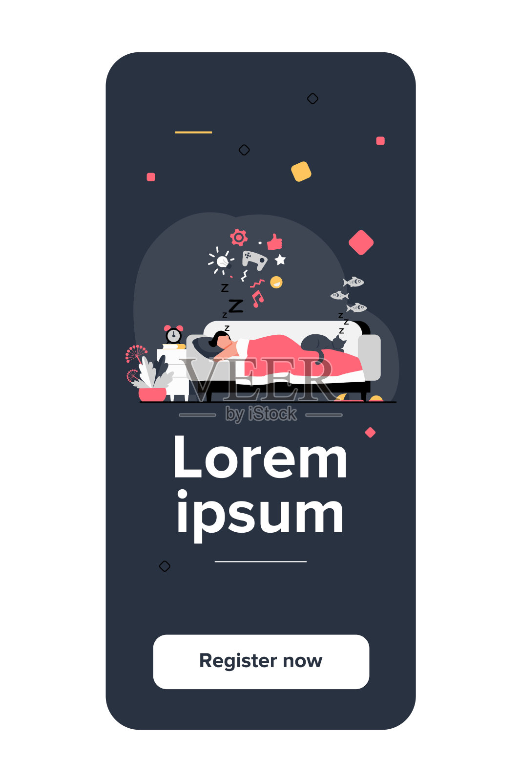 一个年轻人和猫睡在沙发上插画图片素材