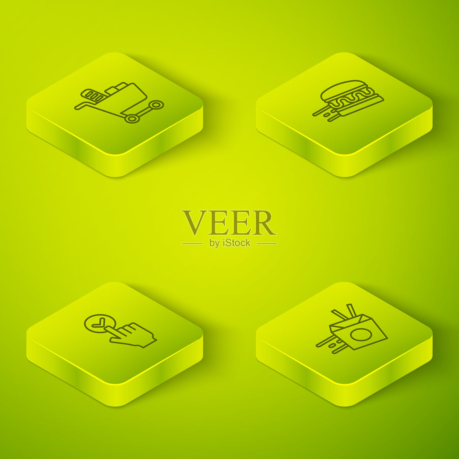 设置等距在线订购汉堡送货，和，面条和购物车食品图标。向量图标素材