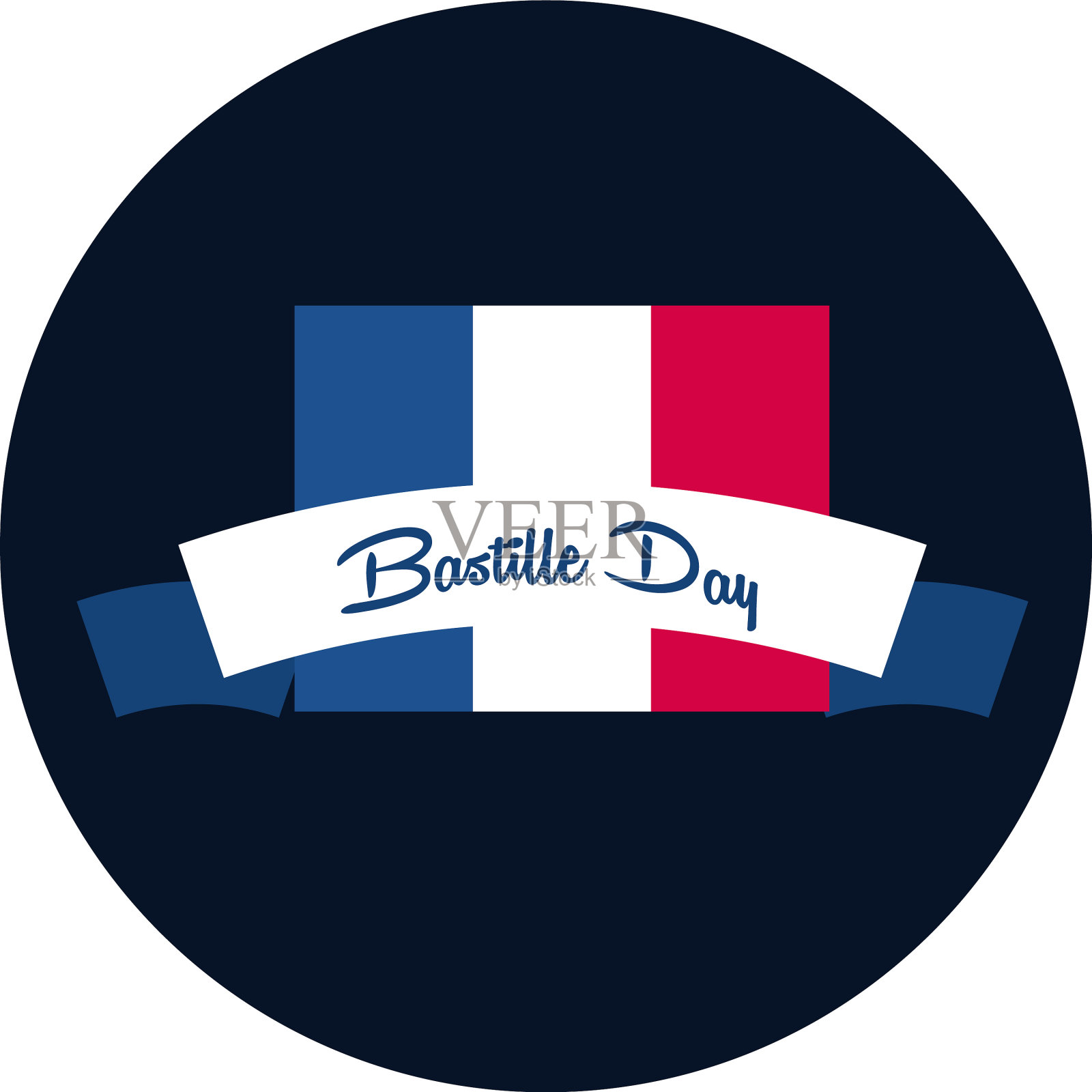 巴士底日旗与缎带块和扁平风格设计元素图片