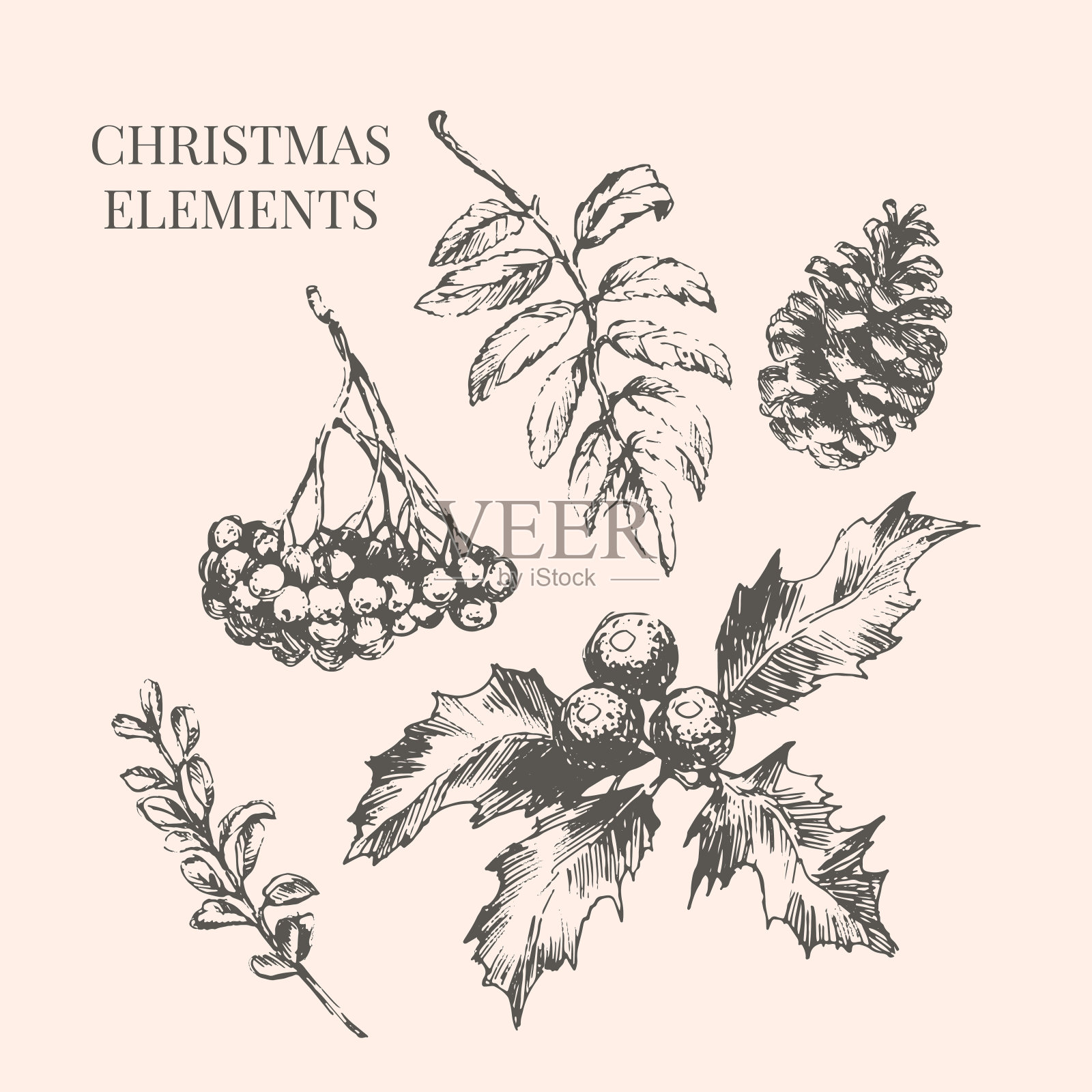 用于庆祝装饰设计的卡通圣诞节元素。复古矢量图。矢量图形元素。圣诞快乐卡片。节日套装已隔离。新年插画图片素材