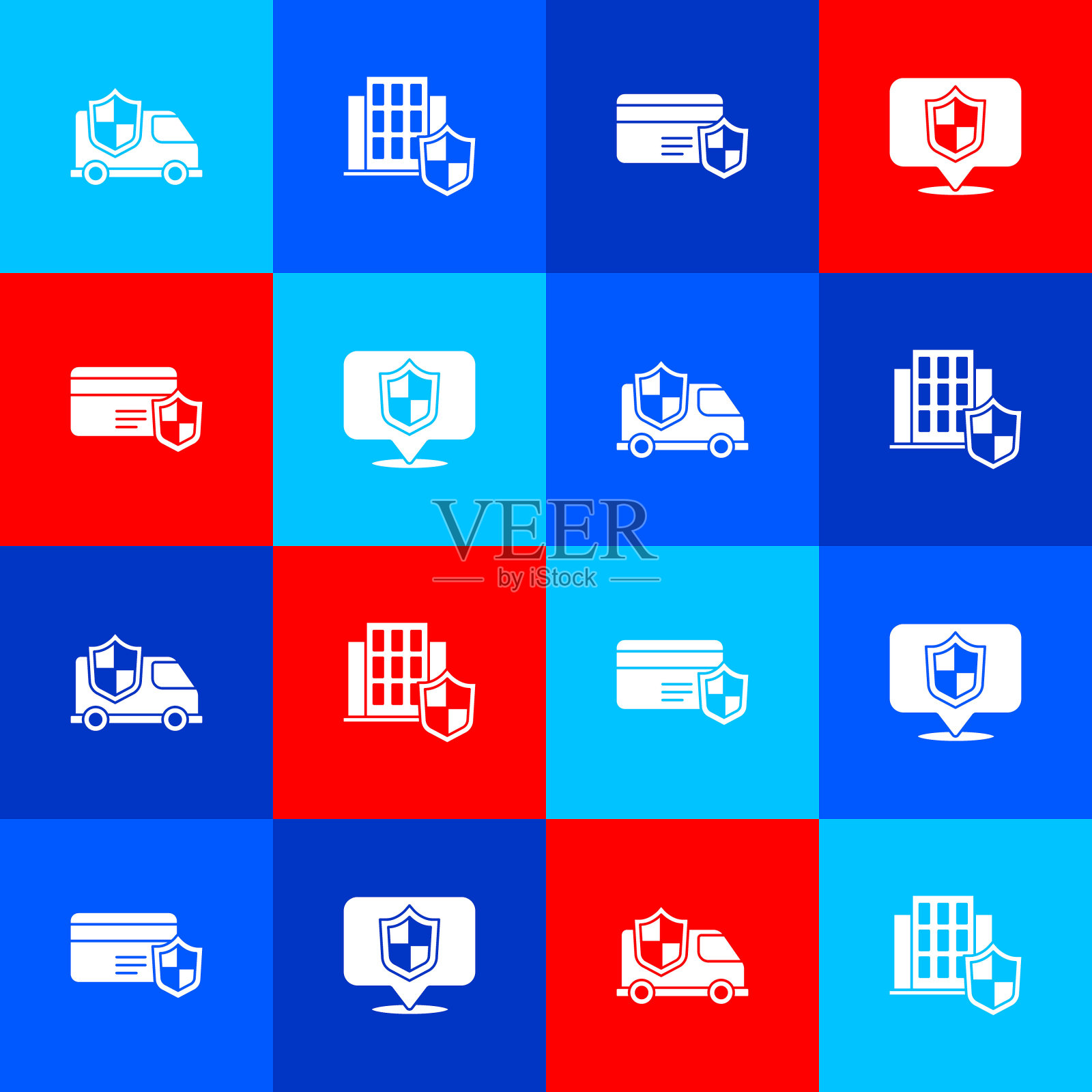 设置汽车与盾牌，房子，信用卡和位置图标。向量插画图片素材