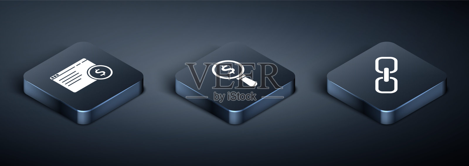 在屏幕上设置等距在线购物，链，放大镜和美元图标。向量插画图片素材