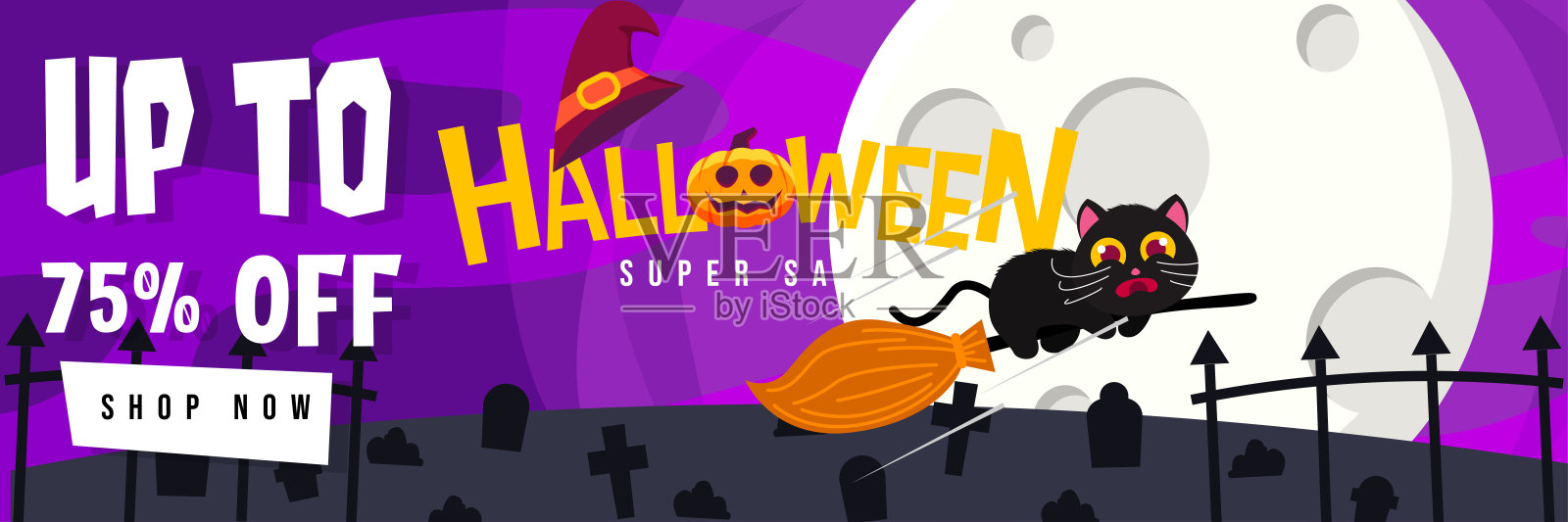 万圣节促销横幅与可爱的黑猫可怕的骑扫帚。可以用于海报，横幅，特别优惠，折扣设计模板素材