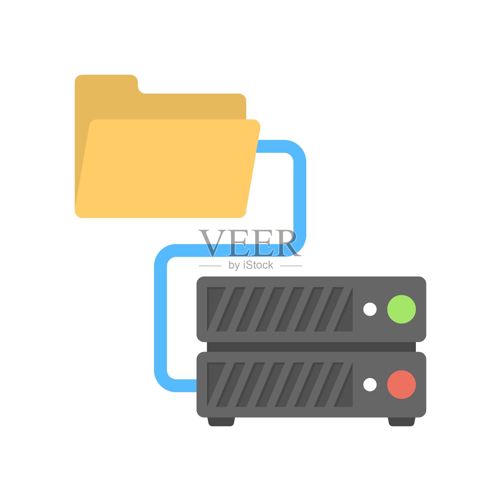 计算机服务器与文件夹标志。在数据库上存储文件存档。平面图标插图。插画图片素材