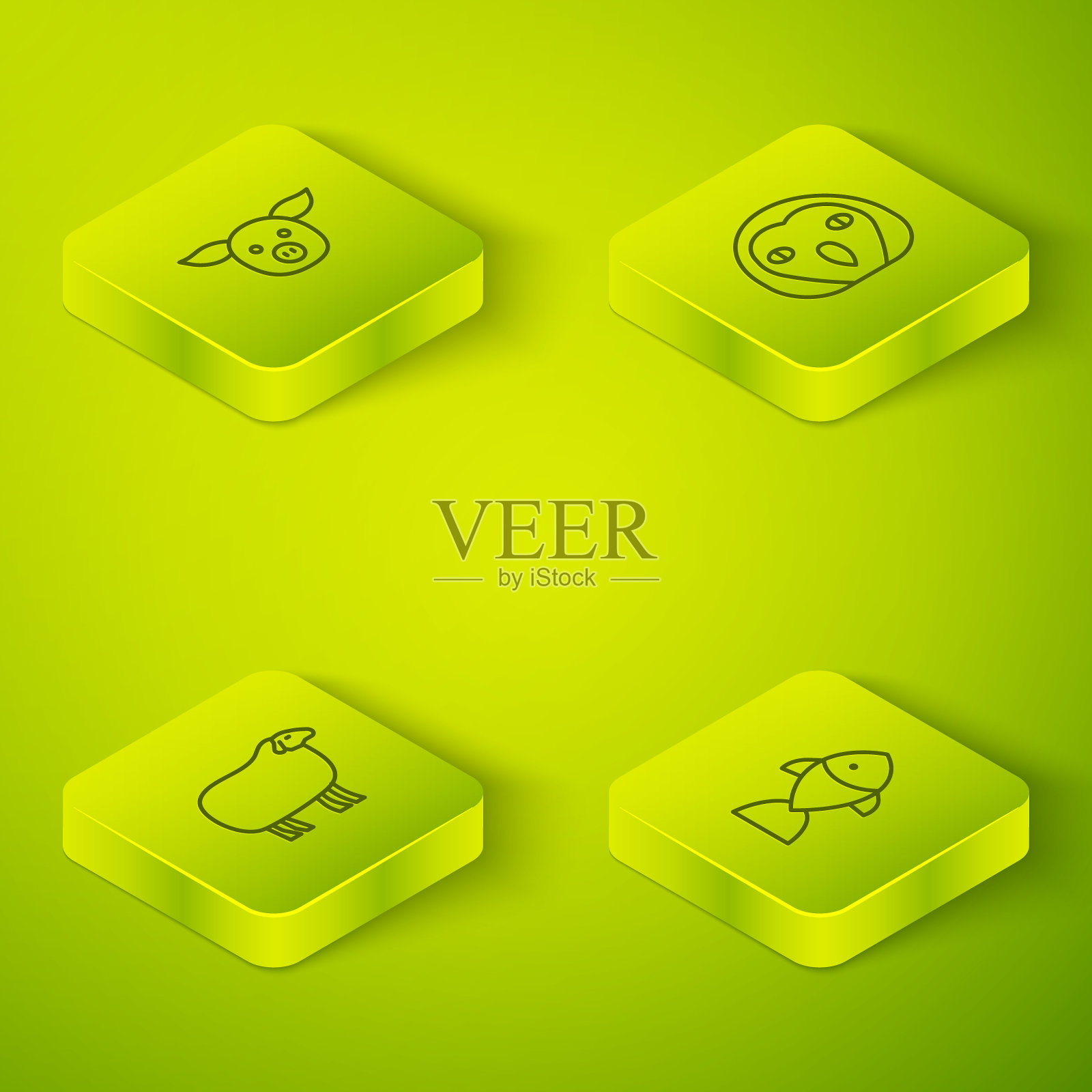 设置等距猫头鹰鸟，羊，鱼和猪的图标。向量图标素材