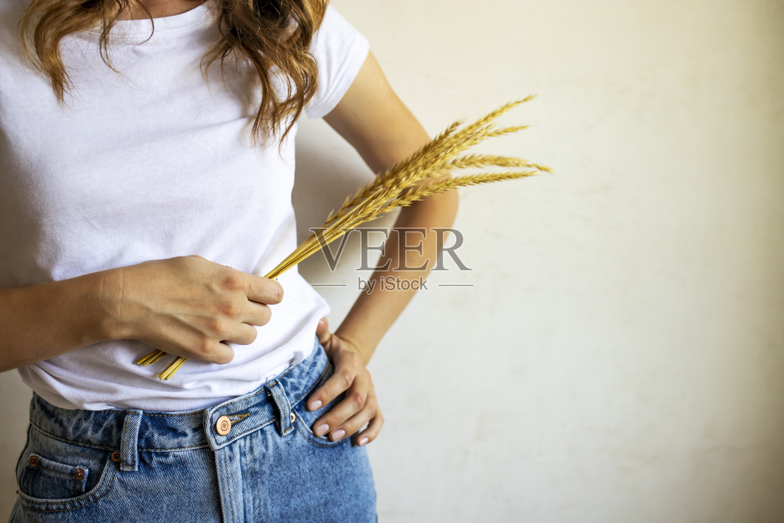 一个少女的手握着成熟的麦穗。照片摄影图片