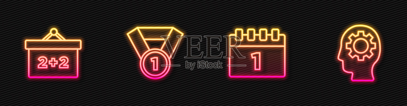 设置行日历九月一日，黑板，奖章和头部与齿轮内。发光的霓虹灯图标。向量插画图片素材