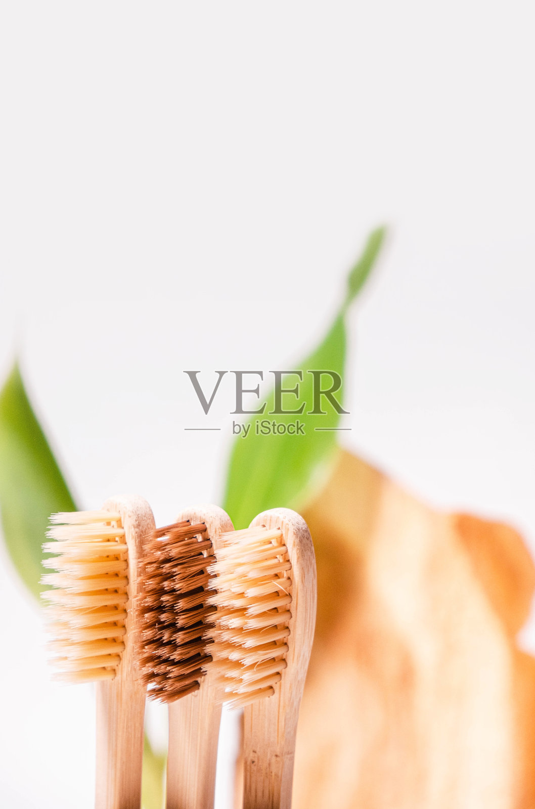 零废弃牙刷生态自然背景与水泥，绿叶和树木横截面。竹牙刷或木牙刷。牙科backgound。早上例行照片摄影图片