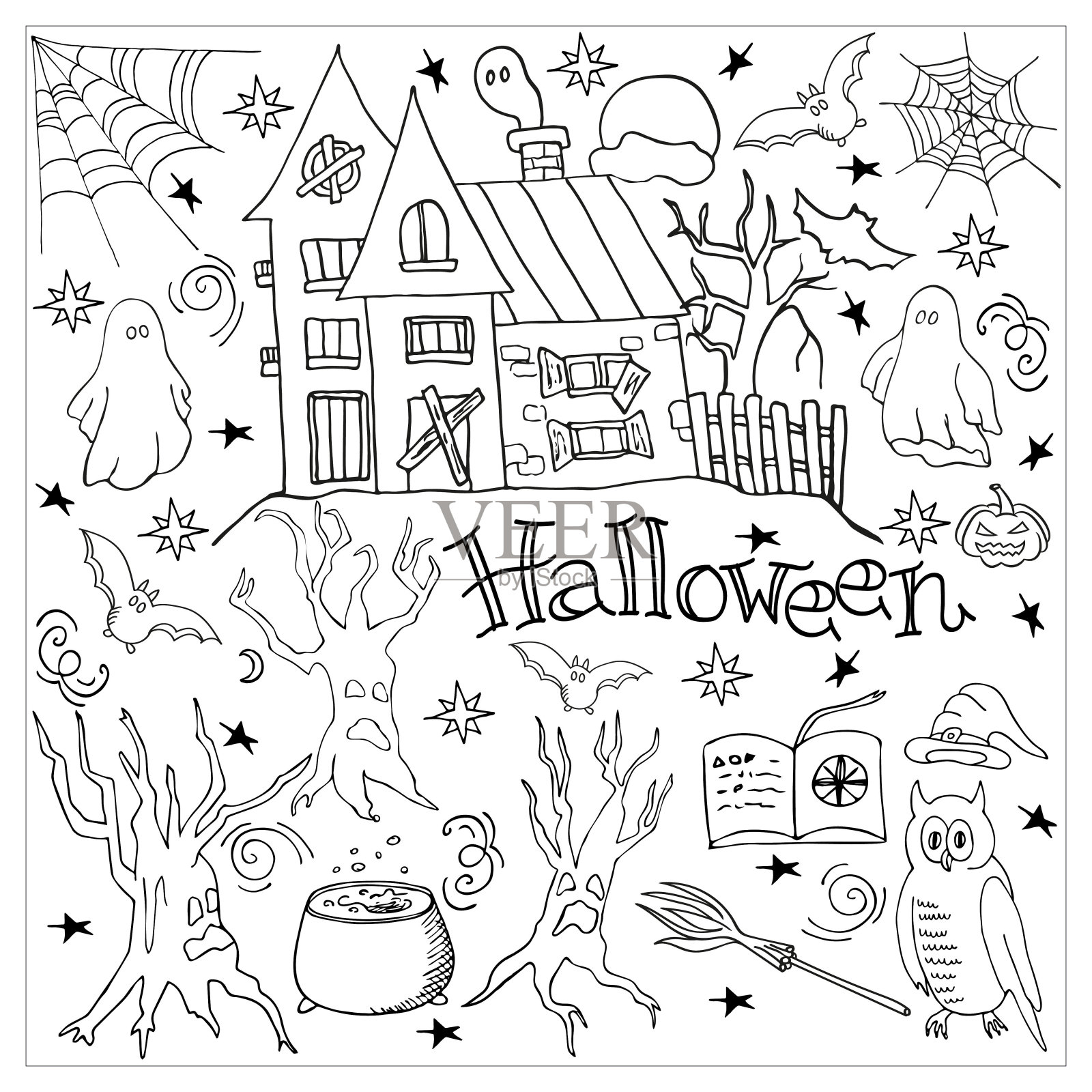 大型收集装饰元素的聚会。鬼屋，猫头鹰，吓人的树。插画图片素材