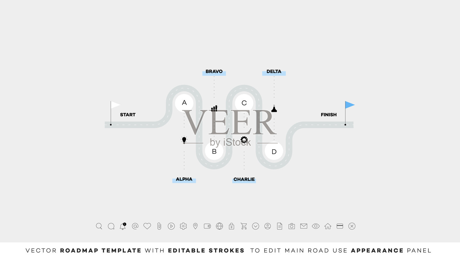 信息图时间轴与可编辑的笔画。矢量路线图，现代商业展示的模板，年度报告，布局插画图片素材