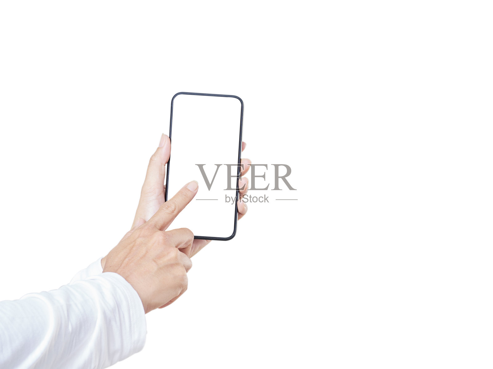 女人的手在白色背景下触摸智能手机照片摄影图片
