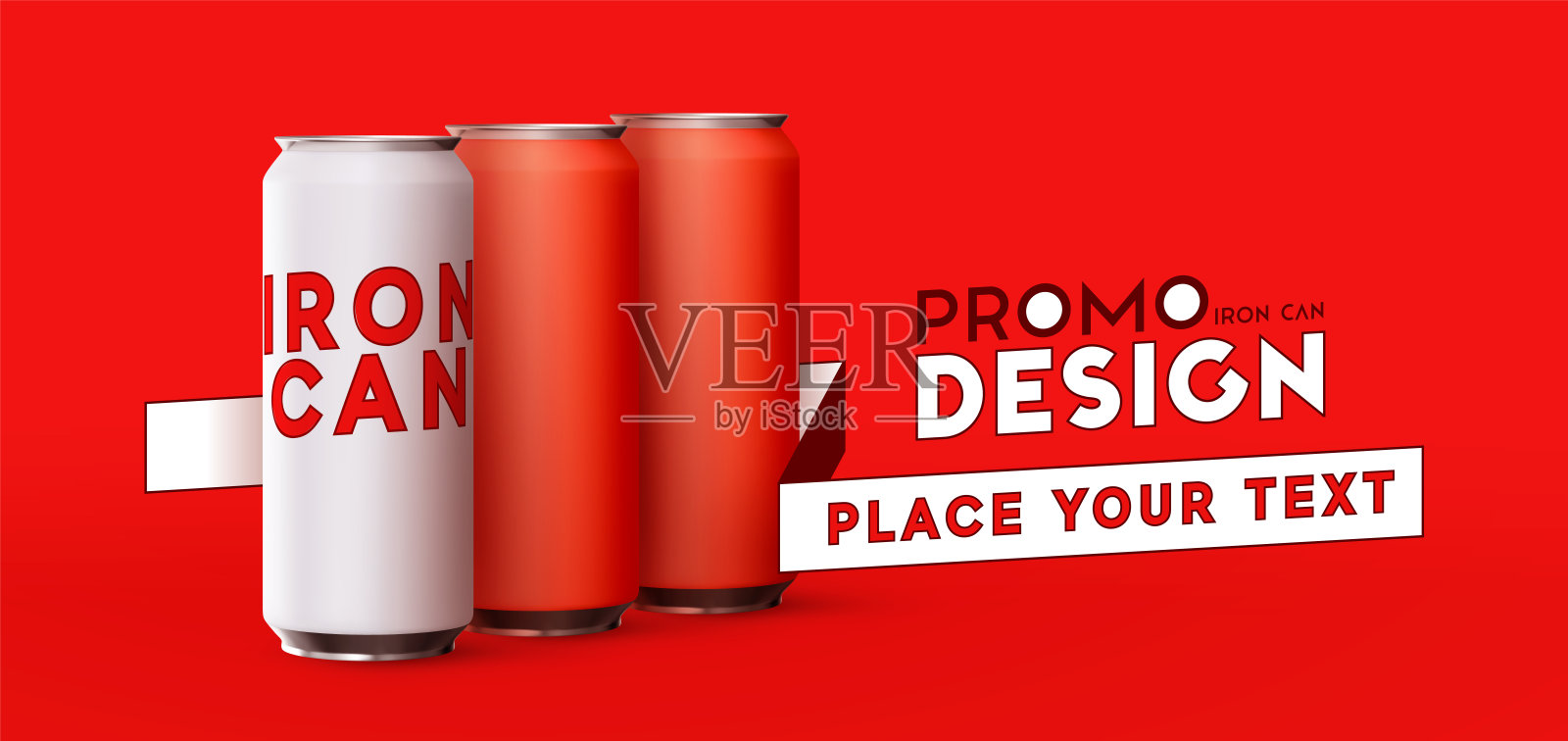 一组真实的铁罐。模拟你的促销设计。大罐和小罐模板。广告横幅，海报，物体被孤立在红色背景上。矢量图插画图片素材