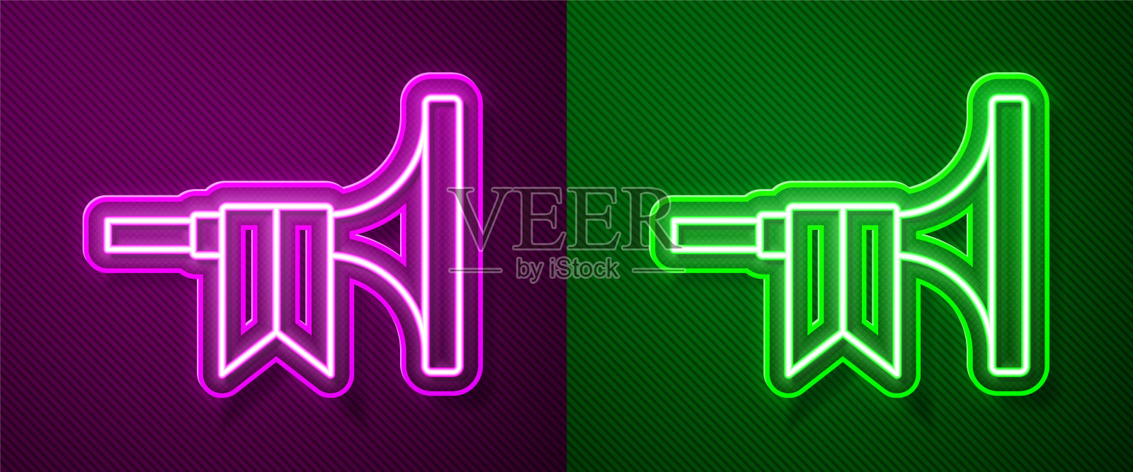 发光的霓虹灯线乐器喇叭图标孤立在紫色和绿色的背景。向量插画图片素材